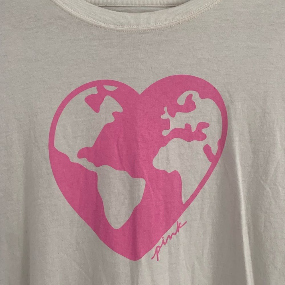Victoria Secret pink world heart logo script one size tee shirt white pink - Picture 2 of 5